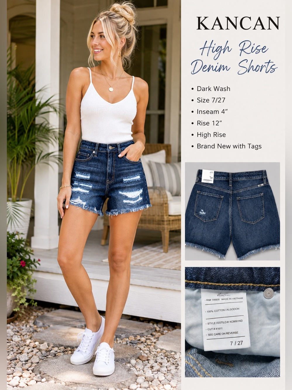 Kancan High Rise Distressed Denim Shorts Dark Wash Size 7/27 NWT 4” Inseam